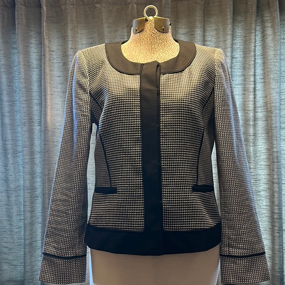 Ann Taylor Houndstooth Jacket Dark Navy Black & White With Pockets Size 4 VEUC - Picture 1 of 8